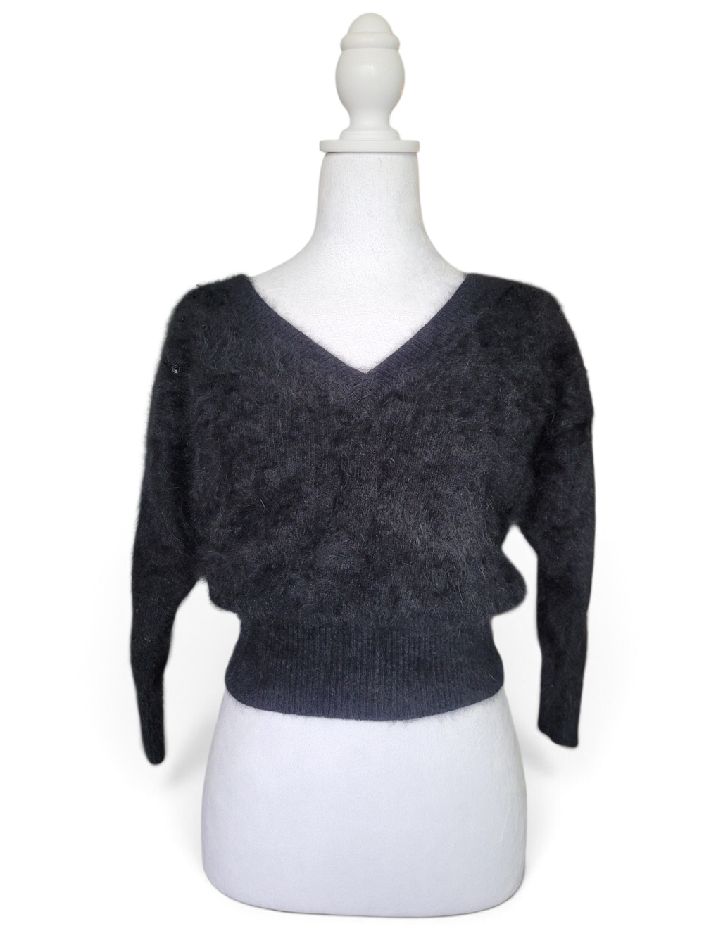 Vintage Angora Blend Fuzzy Rabbit Hair Sweater V-back Sequins Goth 90s Black S